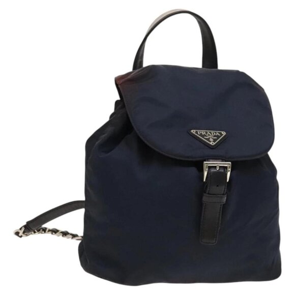 PRADA Chain Backpack Nylon Navy Silver Auth - Picture 1 of 16